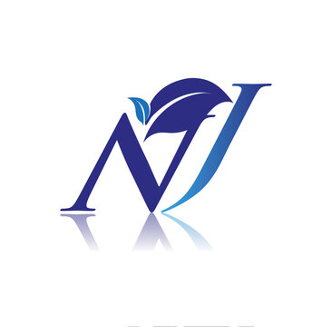 Initial Letter NJ With Leaf Logo, colored blue nature and environment logo. vector logo for business and company identity.