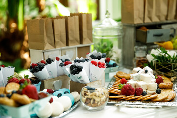 A table with delicacies-biscuits, macaroons, berries, nuts in plates, on trays and in bags.
