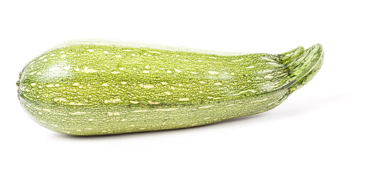 One young fresh raw zucchini from the squash family of green color on a white isolated background in a photography studio. Healthy vegetarian food, summer vegetable at eco markets and farmers markets.