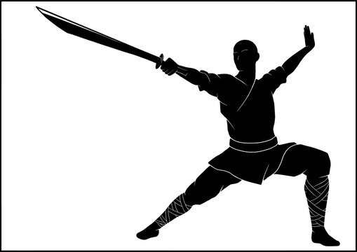 Isolated silhouette of a full growth fighter, martial arts master, kung fu warrior, a Shaolin monk in a kimono with a long sharp sword, in a fighting stance with your arm outstretched, no background.