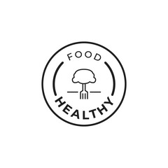 Healthy food logo vector design with fork shape tree icon illustration in simple and minimalist black line art style frame