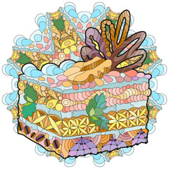 Vector piece of cake with abstract ornaments on a patterned round substrate..