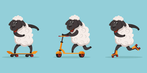 Funny sporty sheep. Animal riding on skateboard, roller skates and scooter. 