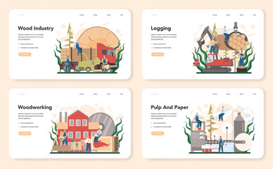 Wood industry and paper production web banner or landing page set. - obrazy, fototapety, plakaty