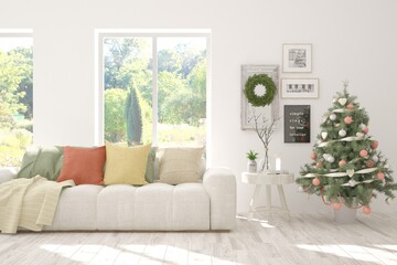 Winter new year interior of living room with sofa and summer landscape in window. Scandinavian design. 3D illustration