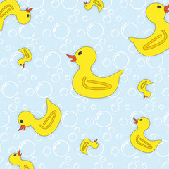 Obraz na płótnie Canvas Background with soap bubbles from the bath and yellow ducks.