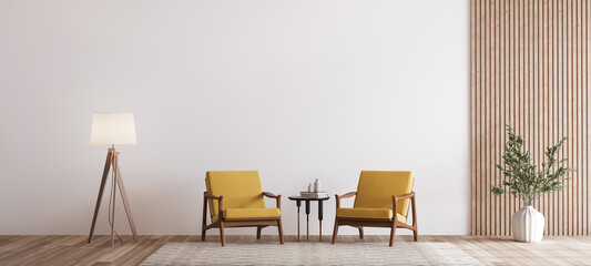 Living room design with empty wall mockup, two wooden chairs on white wall, copy space - obrazy, fototapety, plakaty