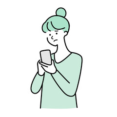 スマホを見て悩む女性のイラスト