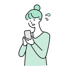 スマホを見て焦る女性のイラスト