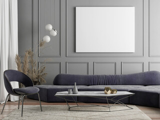 Mockup poster for presentation, Living room Scandinavian design with home decoration, Gray background, 3d render, 3d illustration.