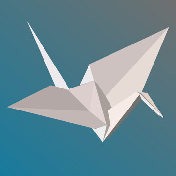 3D illustration of colored origami, in the shape of a crane. Origami style and paper cut. Origami crane.