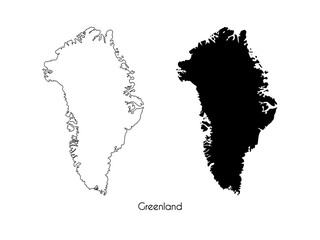 Isolated linear outline and black silhouette map of Greenland on white background. Highly detailed map of Greenland with country name. Vector. © Dasha Si