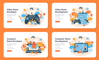 Game development web banner or landing page set. Creative process