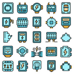 Junction box icons set. Outline set of junction box vector icons thin line color flat on white