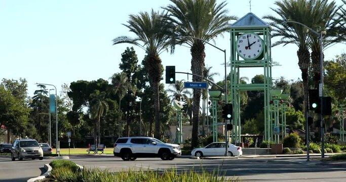 Afternoon view of the public civic center clock tower of Garden Grove, California, USA.