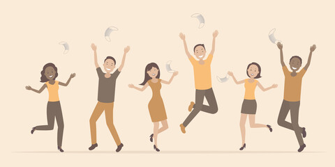 People rejoice at pandemic ending and throw face masks. Vector illustration.