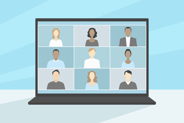 Group video chat on laptop. Vector illustration.
