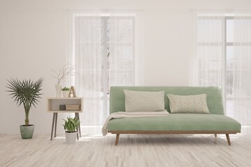 White living room with sofa. Scandinavian interior design. 3D illustration