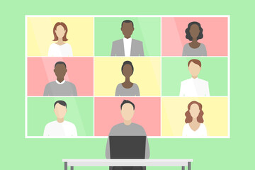 Group video chat on wall screen. Teleworking. Vector illustration.