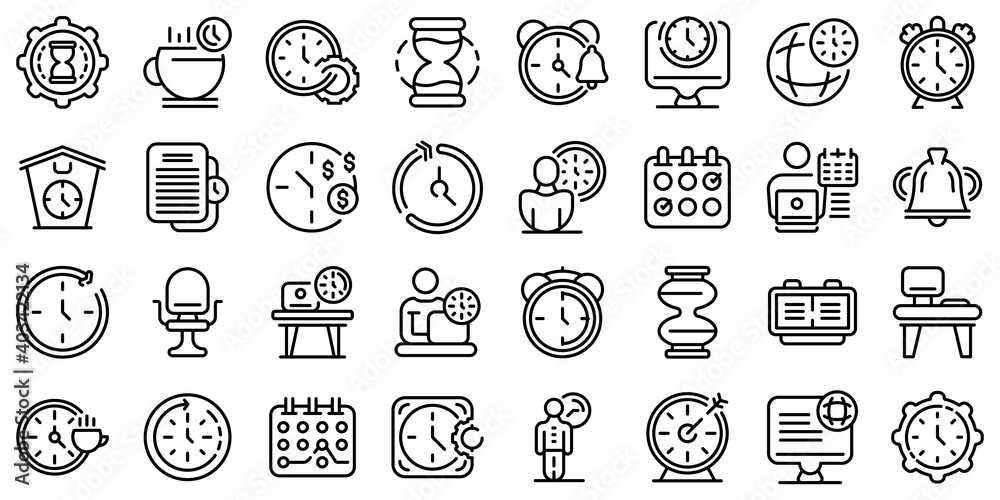 Poster flexible working hours icons set. outline set of flexible working hours vector icons for web design 