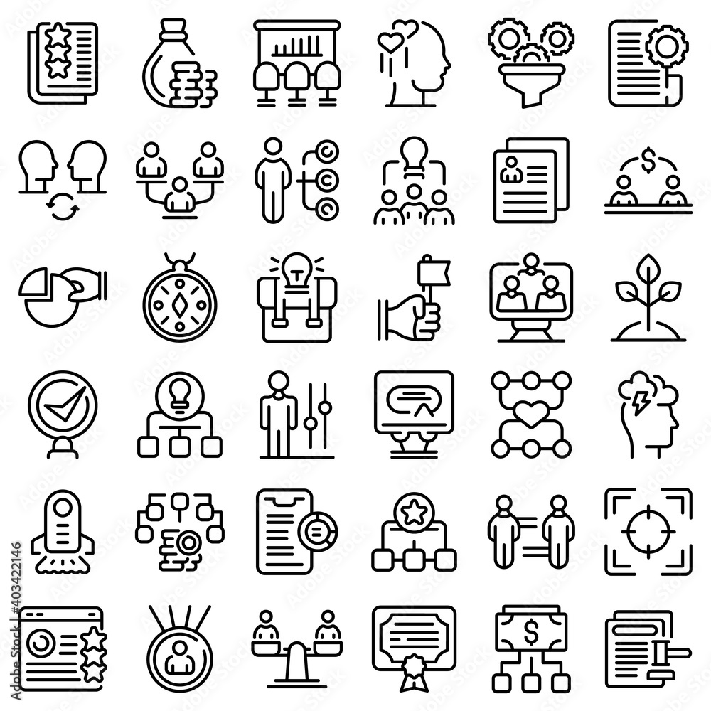 Poster contribute work icons set. outline set of contribute work vector icons for web design isolated on wh