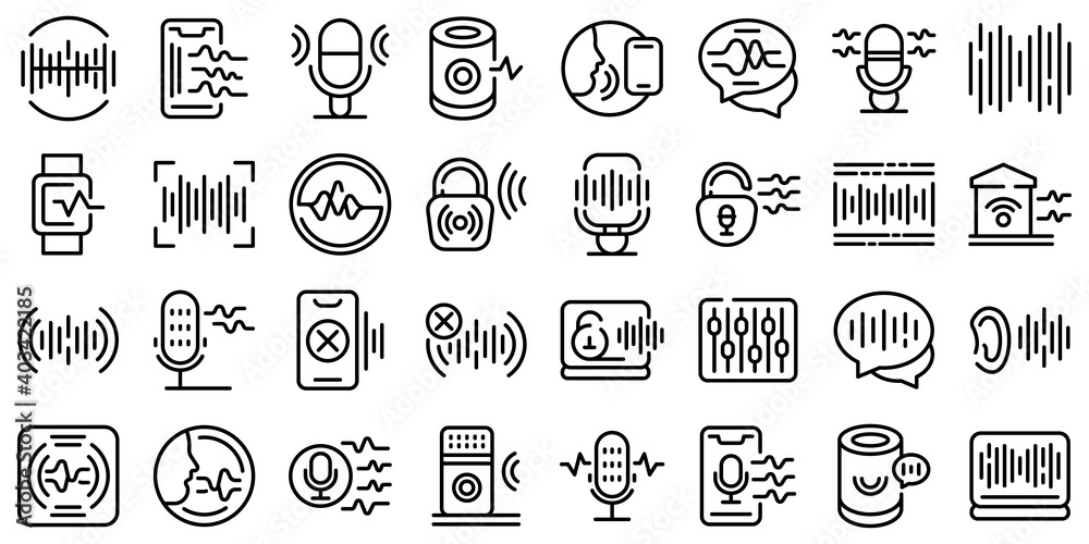 Poster speech recognition icons set. outline set of speech recognition vector icons for web design isolated