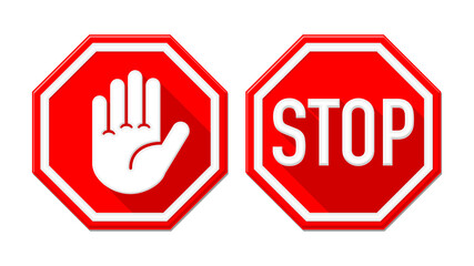 Simple red octagon stop road signs with text and big hand symbol or icon. Vector on transparent background