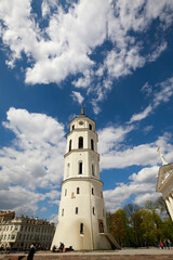 VILNIUS, LITHUANIA - MAY 13, 2017: White tower against a cloudy sky in Vilnius, Lithuania, Europe.