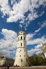 Obraz premium VILNIUS, LITHUANIA - MAY 13, 2017: White tower against a cloudy sky in Vilnius, Lithuania, Europe.
