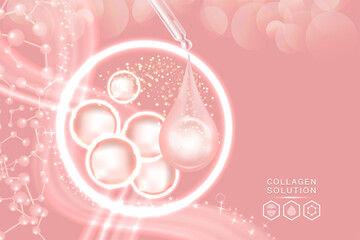 Hyaluronic acid skin solutions ad, pink collagen serum drop with cosmetic advertising background ready to use, illustration vector.