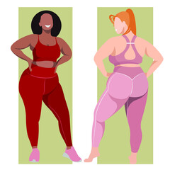 Obraz na płótnie Canvas vector illustration on the theme of body positive. active cheerful active girls plus size in sports uniforms (leggings and sports bra). illustration isolated. colors can be changed