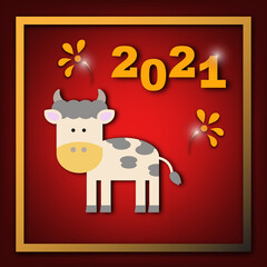 Cow zodiac cartoon for Chinese New year card for 2021. Paper cut design for celebration ceremony