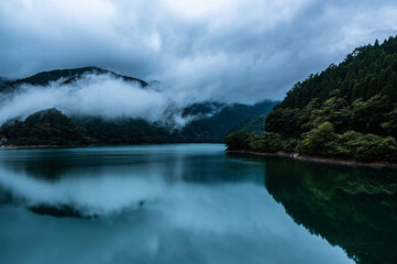 Freshwater Lake behind Dam in Japanese Mountains