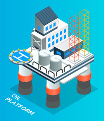 Isometric image of petroleum platform at the sea. Oil production. Oil refinery. Industrial building on floating platform. Environmentally hazardous activity. Flat vector illustration isolated on blue