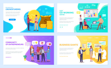 Obraz na płótnie Canvas Strategic planning and business management concept webpage set. Modern planning innovations. Crowdfunding landing page template, co working center, business giants, community of enterpreneurs