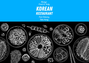Korean food top view illustration. Hand drawn sketch. Bibimbap, kimchi, ramen, noodles, skewers. Korean street food, take away menu design. Vector illustration.