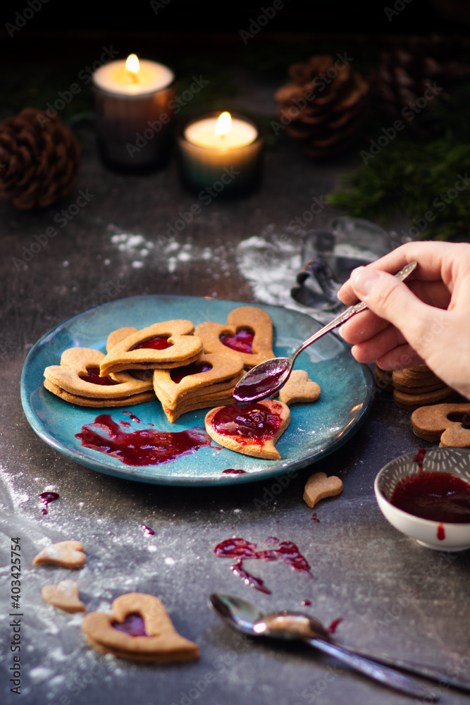 Wall mural czech traditional christmas sweets linzer cookies with homemade red currant jam