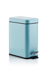 Subject shot of lidded hands-free wastebasket with foot pedal. The matte blue trash can is isolated on the white background.