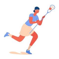 Woman running with stick and ball white lacrosse game training. Lovely active female character drawn in cartoon style