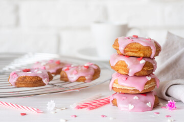 Heart shaped donut with strawberry glaze - Valentines day concept