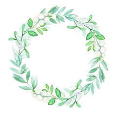 Greenery round wreath with white mistletoe, snowberry, branch. Handpainted watercolor illustration perfect for romantic Christmas invitations. 