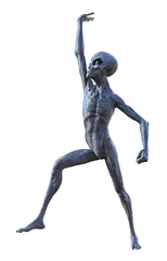 Illustration of an alien holding up hand above its head on a white background.