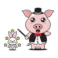 cute pig magician mascot with rabbit in white background