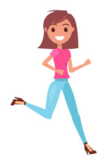 Fototapeta na wymiar Portrait of young smiling girl wearing pink t-shirt and jeans, stylish shoes at heels. Isolated cartoon character at white background. Cheerful girl running. Busy fashionable girl with bob hairstyle
