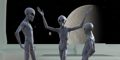 Illustration of a group of gray aliens talking to each other in various poses inside a spaceship with a gray planet and small moons in the background. © Bert Folsom