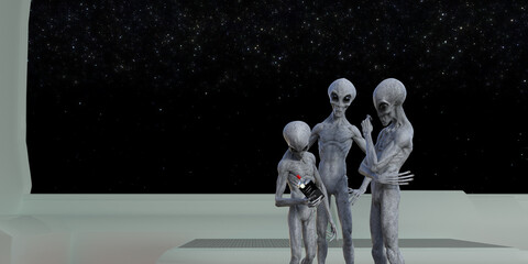 Illustration of a group of gray aliens inside a spaceship studying a bottle of whiskey with the blackness of stars and space in the background.