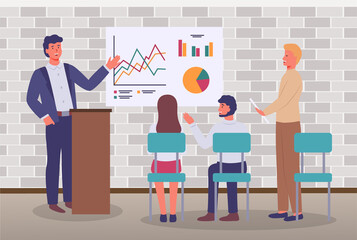 Office meeting businessmen discussing indicators. Man stands behind the podium makes a presentation to colleagues. Business people talking communicating, discussing presentation graphs and charts