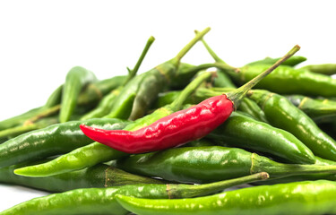 red and green chili pepper on white background.