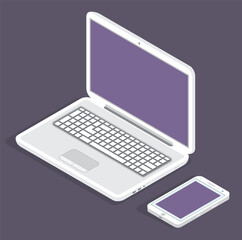 Modern laptop and phone on a dark background. White gadgets electronic devices with blank screen. Opened computer and smartphone communication facilities office equipment, accessory businessman