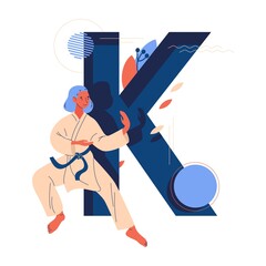 Large letter K and young woman in kimono training karate. Vector sport and martial arts character isolated on white